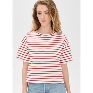 Madewell Everyday Boxy Crop Shirt WMNS S White Red Striped Crewneck Short Sleeve